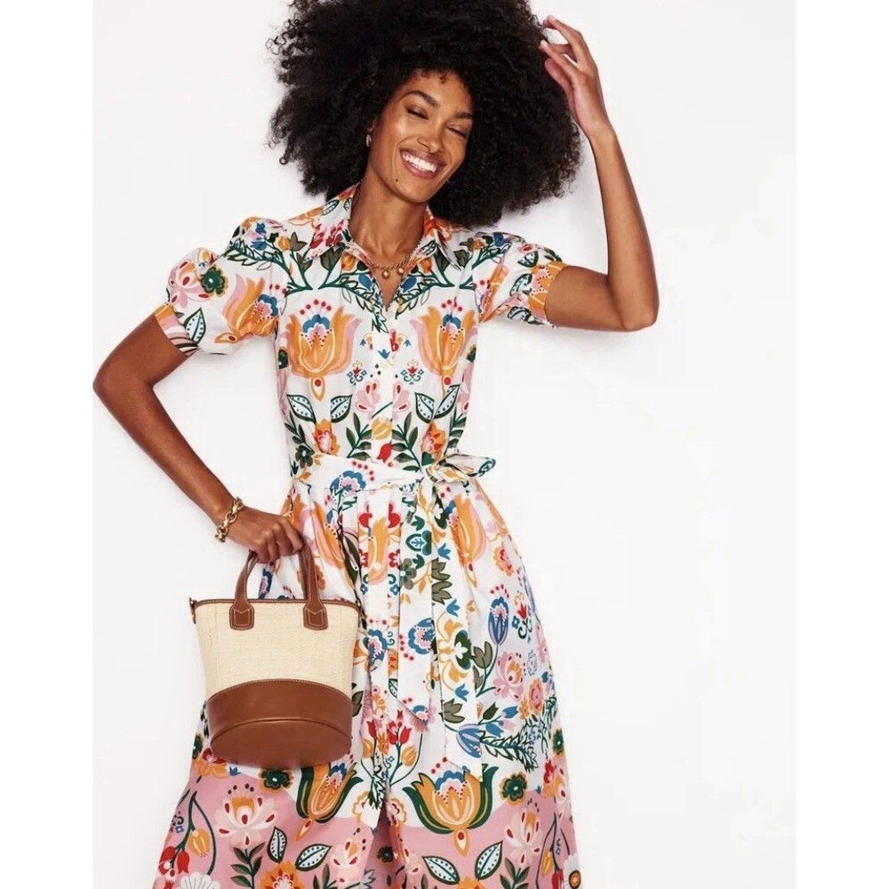 Boden Alexa Floral Multicolor Cotton Shirt Midi Dress Tie Waist Puff Sleeve Sz 8 - Picture 3 of 13
